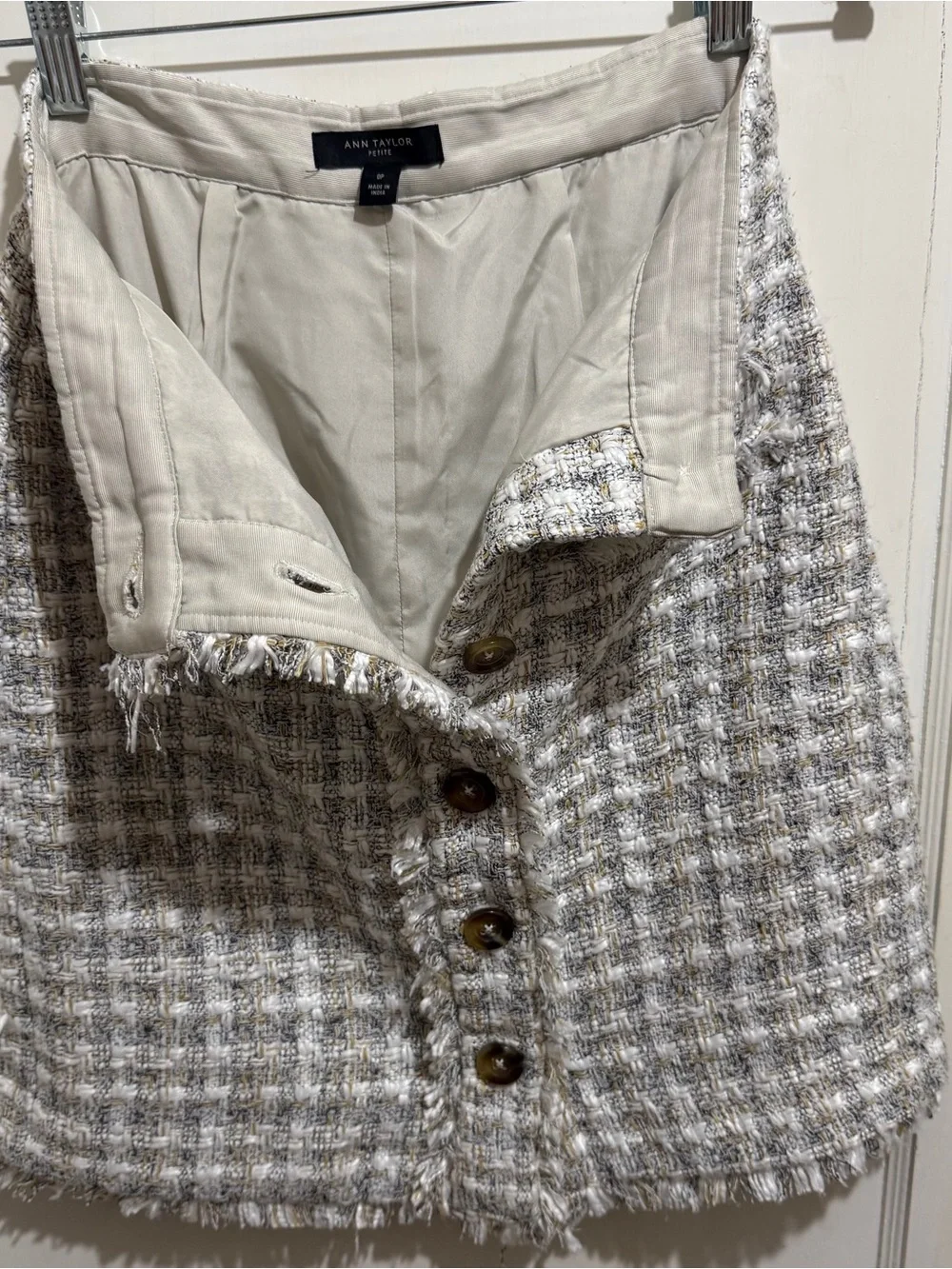 Ann Taylor Bouclé Cream Button-Front Mini Skirt